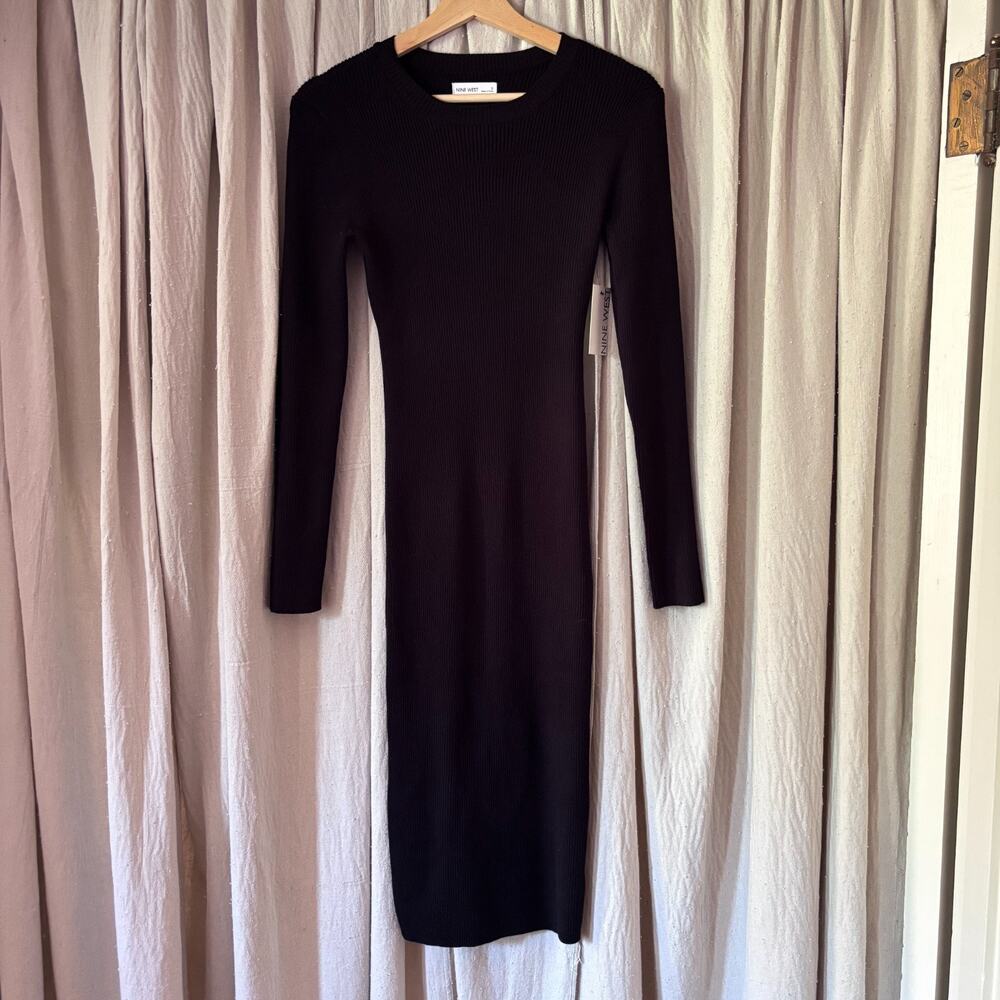 Nine West NWT Black Ribbed Bodycon Midi Sweater Dress Crew Neck Small